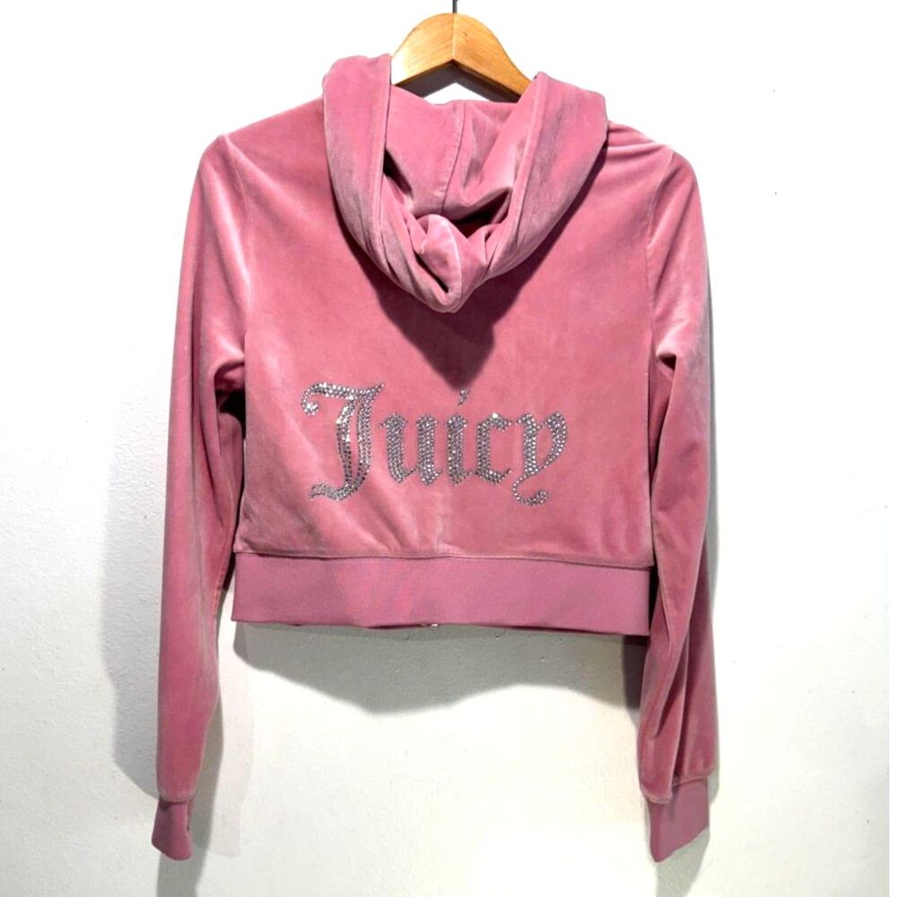 Juicy Couture hoodie Y2K Velour full zip dusty pink embellished logo women L jr.
